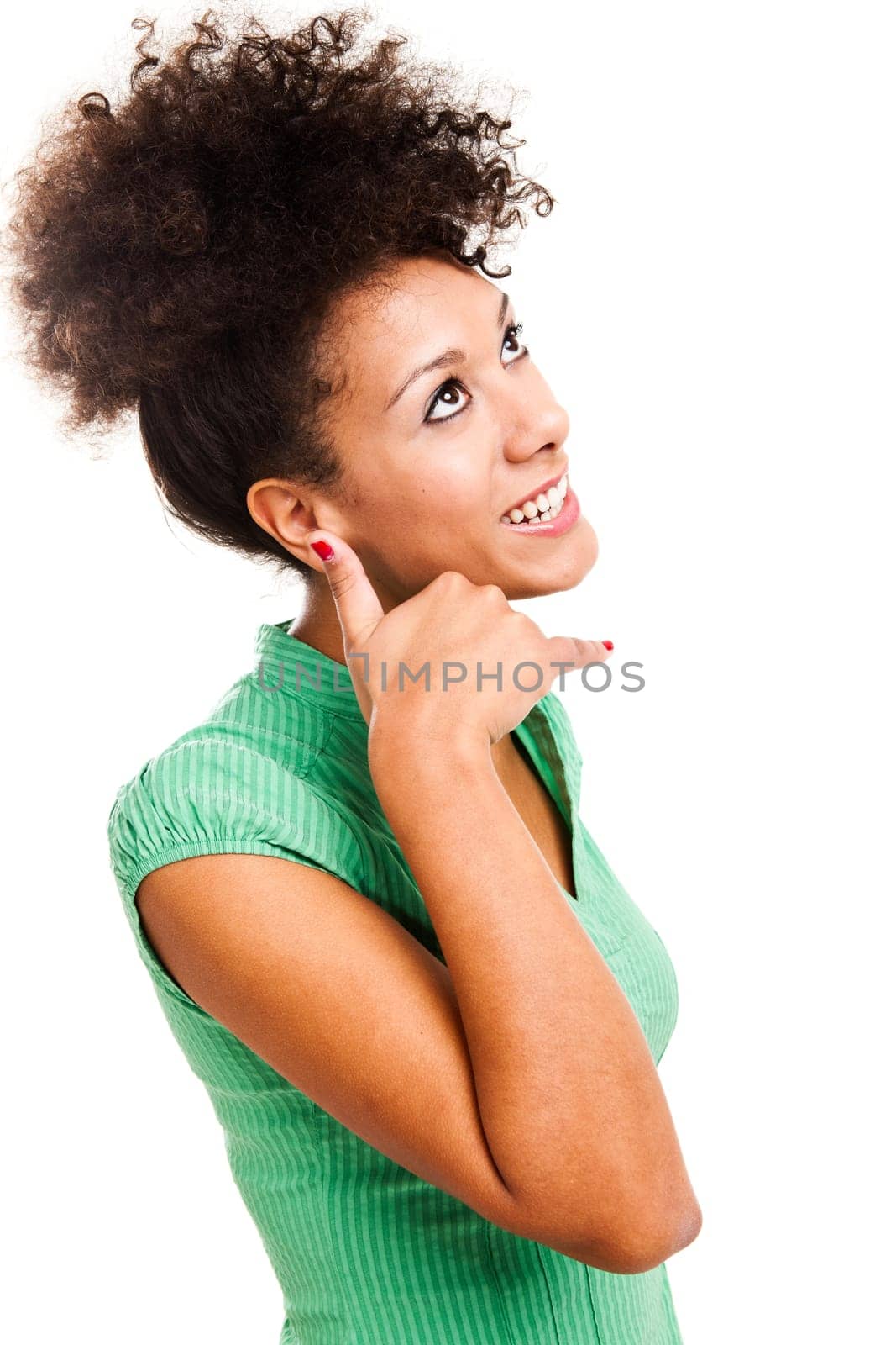 Beautiful woman making a sign for calling. Studio shot with isolated white background.