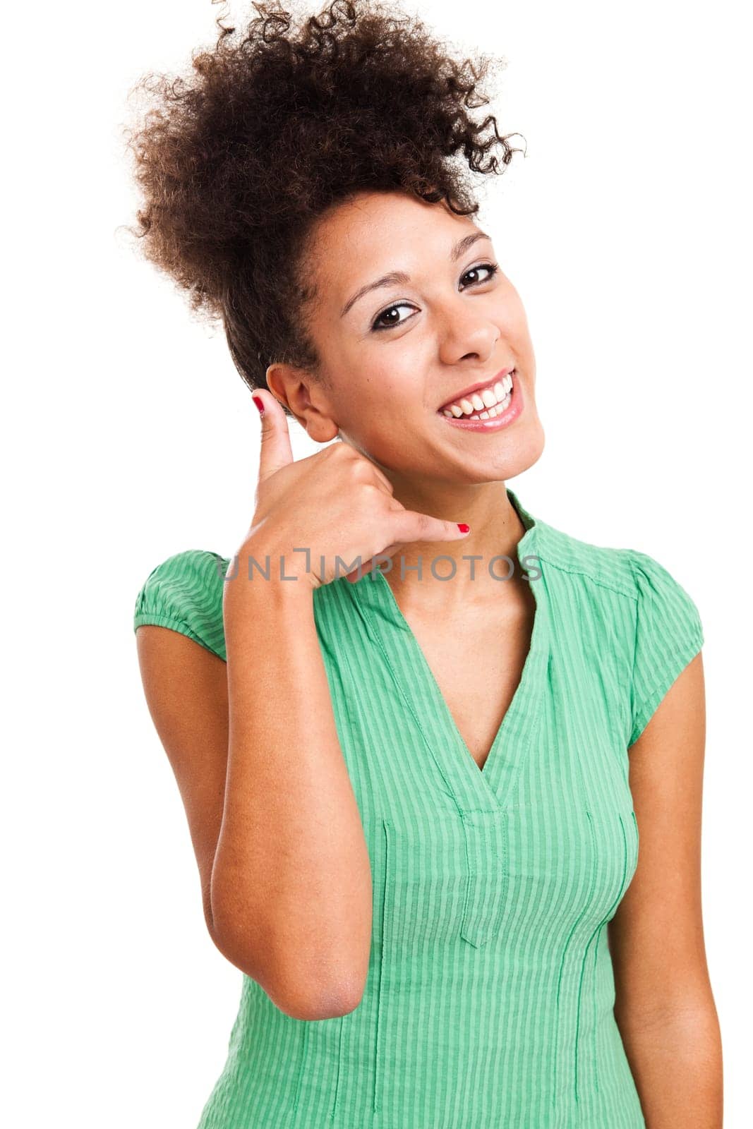 Beautiful woman making a sign for calling. Studio shot with isolated white background.