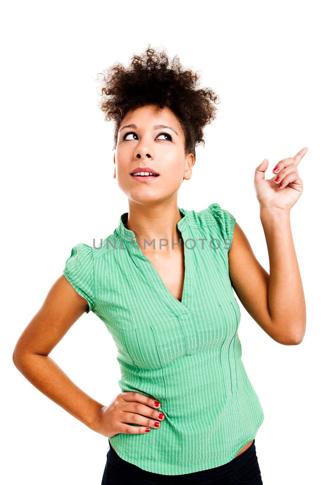 Beautiful woman pointing up. Studio shot with isolated white background.