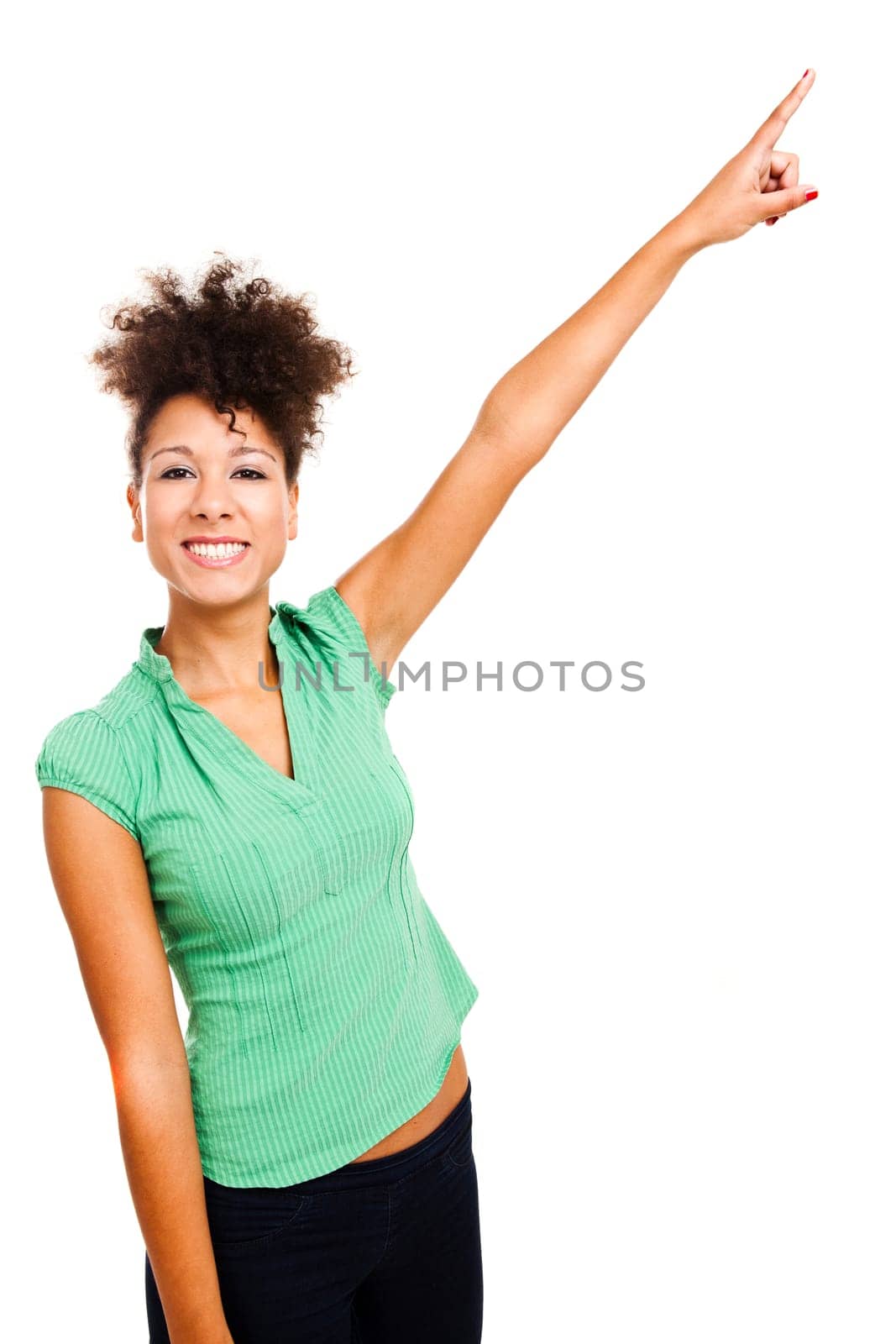 Happy smiling woman pointing up. Studio shot with isolated white background.