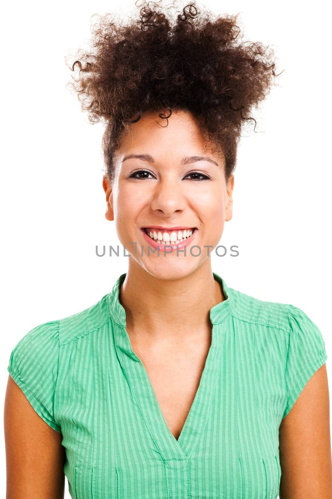 Beautiful woman looking at the camera smiling. Studio shot with isolated white background.