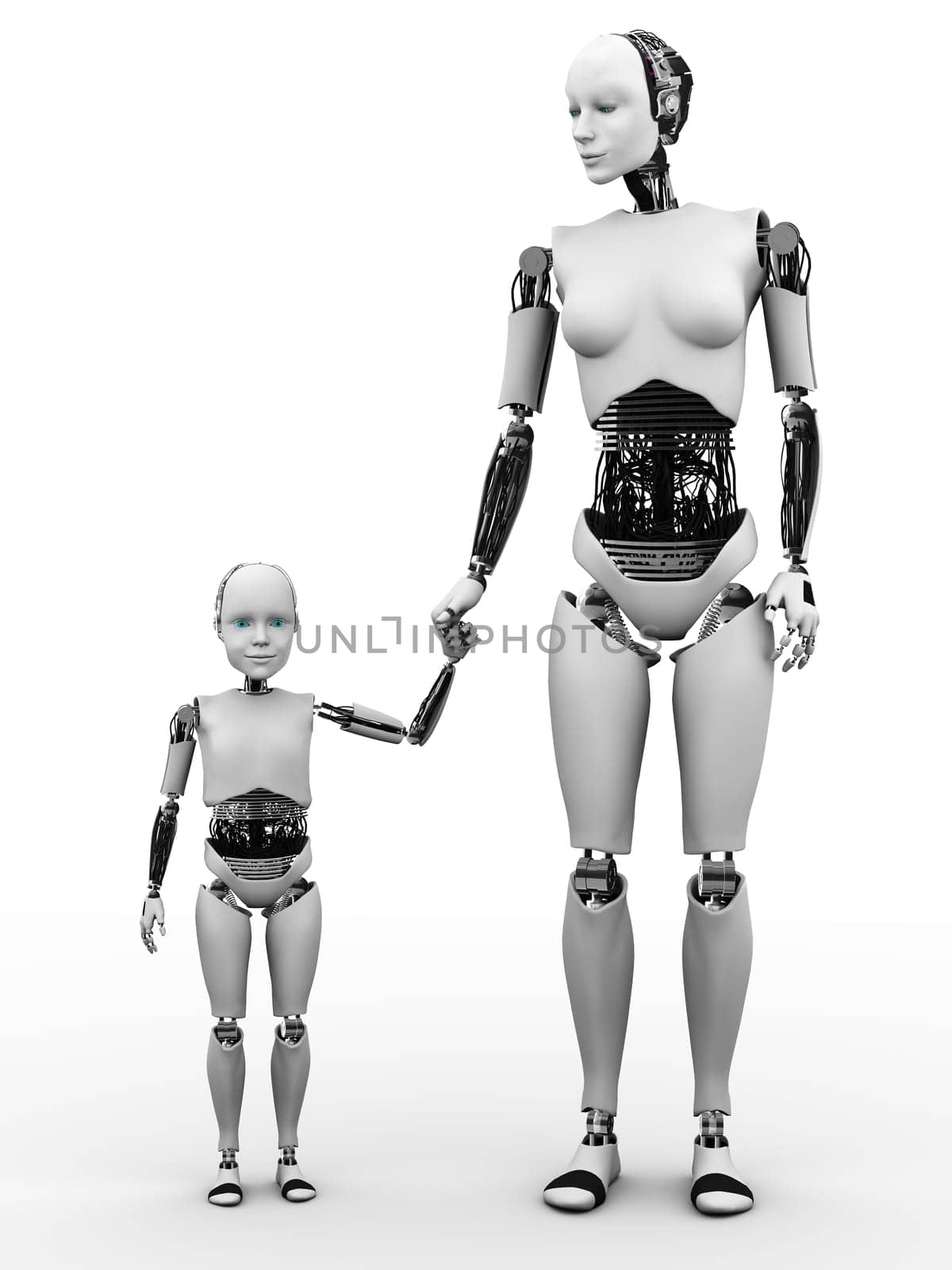 A robot woman holding hand with her robot child. White background.