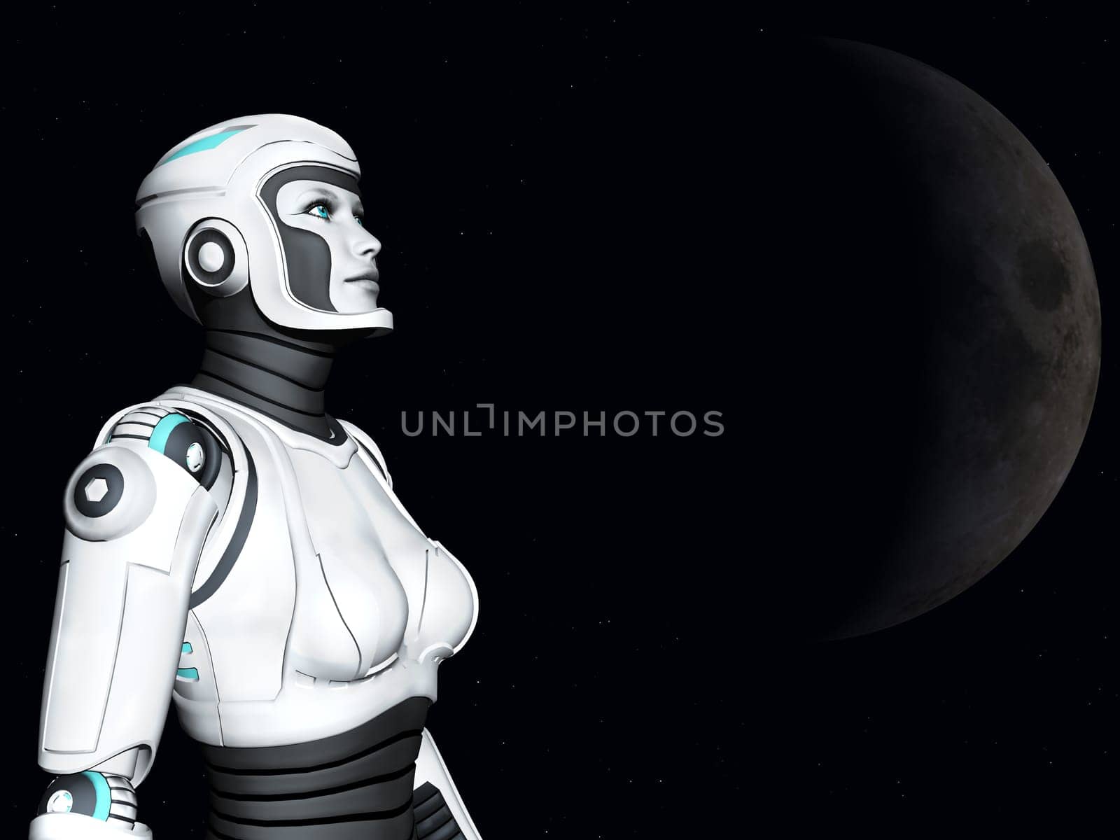 The face of an android woman, gazing out in space. Stars and a planet in the background.