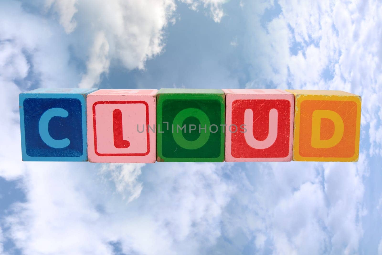 toy letters that spell cloud against a cloudy background with clipping path