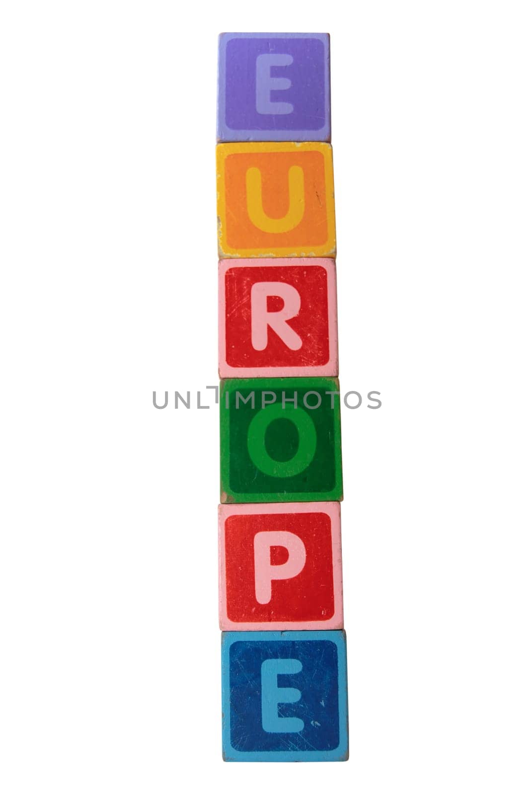 toy letters that spell europe against a white background with clipping path