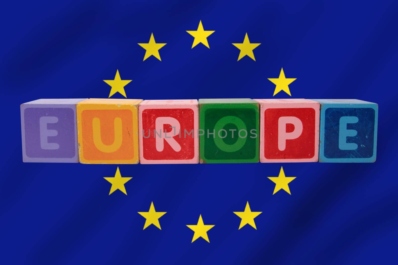 toy letters that spell europe against a flag background with clipping path