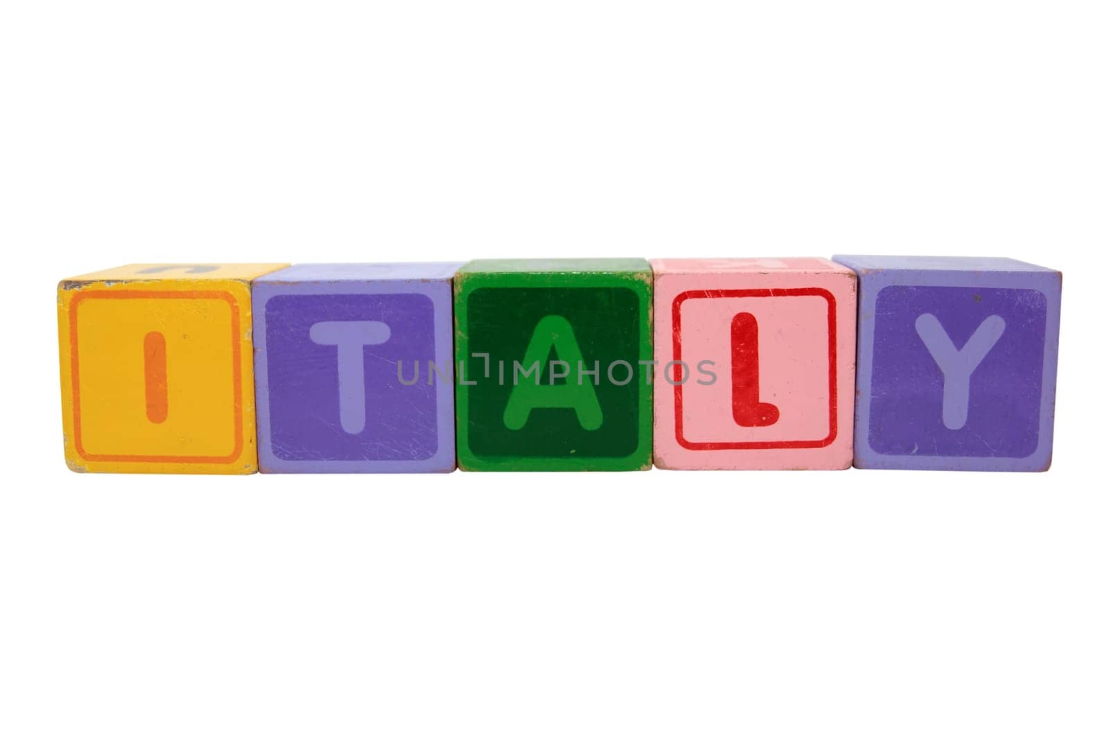 toy letters that spell italy against a white background with clipping path