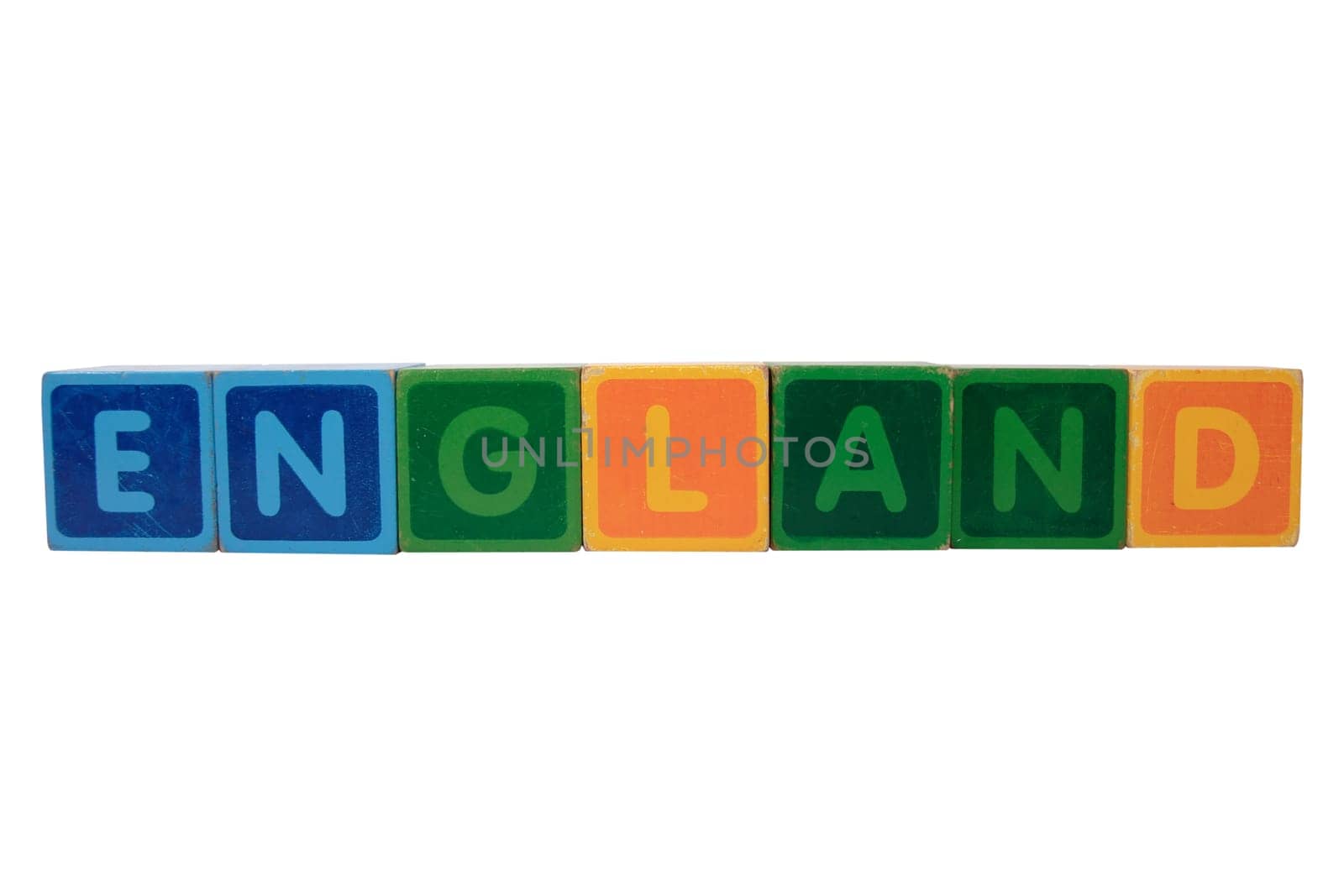 toy letters that spell england against a white background with clipping path