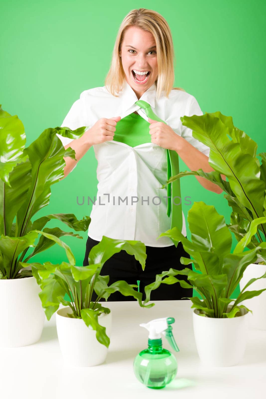 Green business superhero woman crazy shouting plants environment friendly