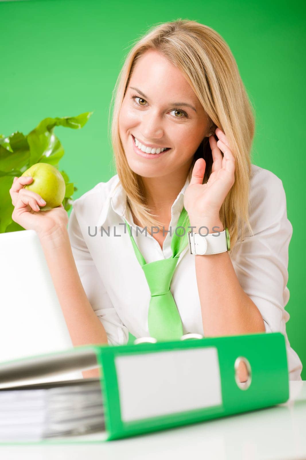 Green business woman smiling hold apple plant environment friendly