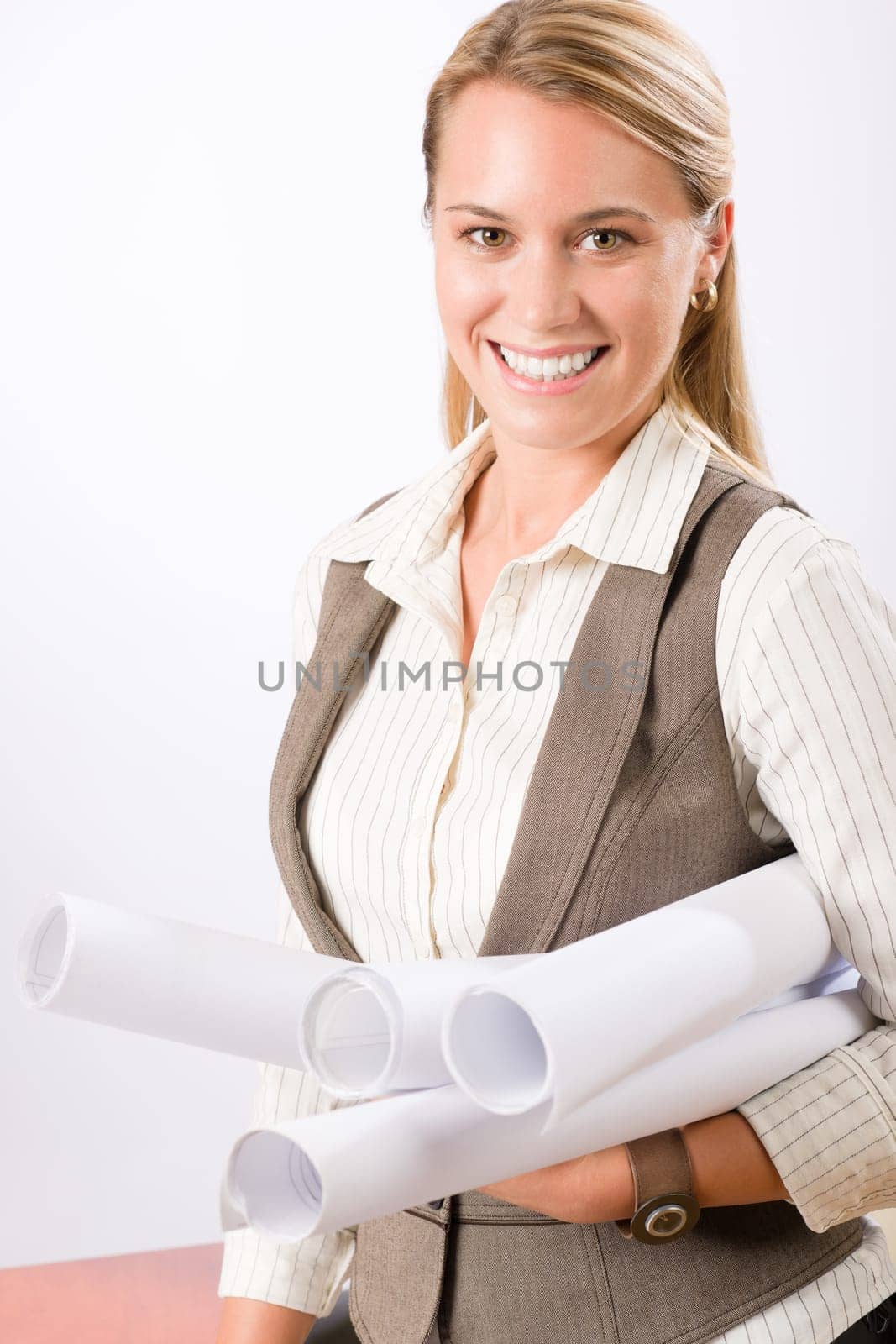 Female architect blueprints smiling hold standing on white background
