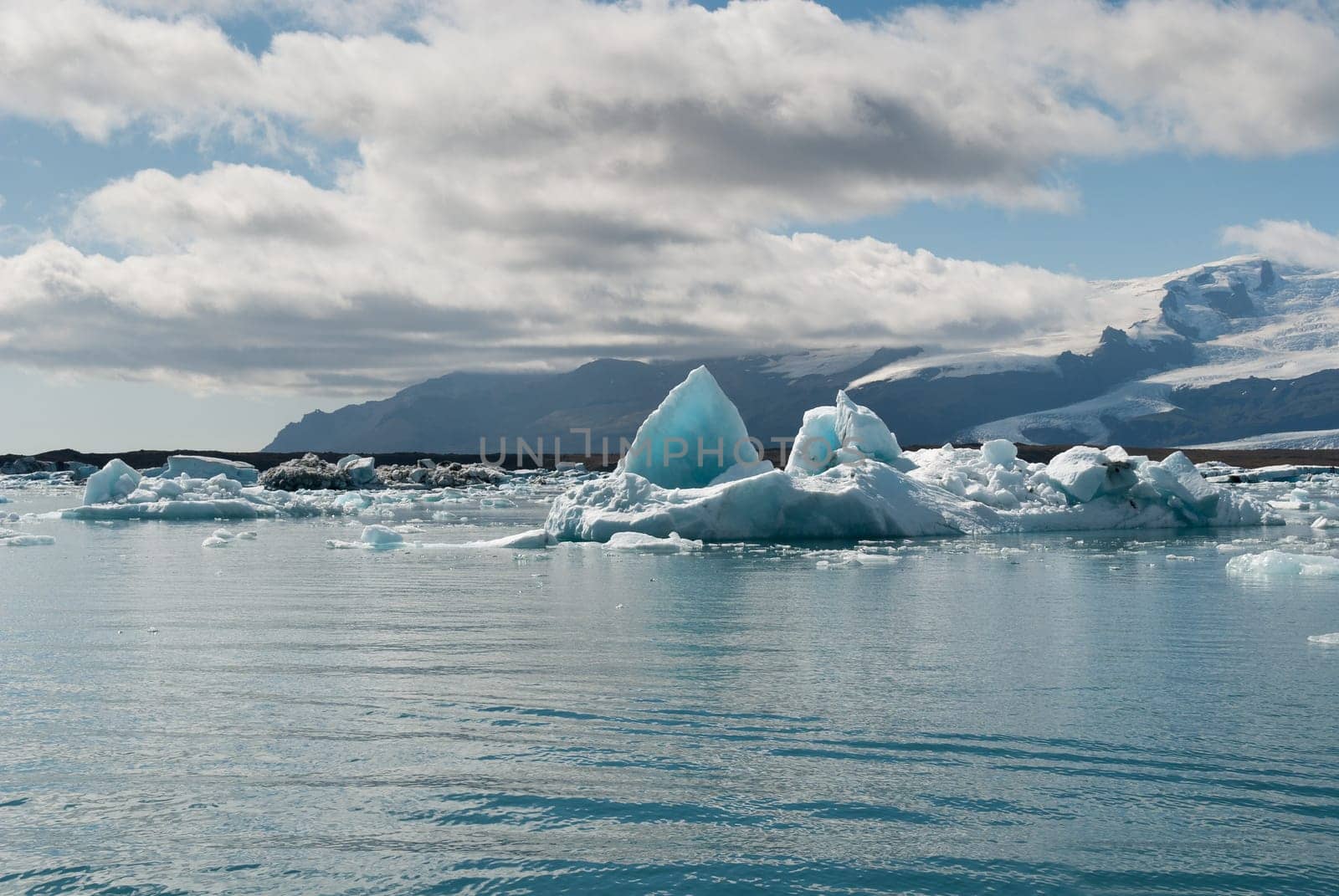 reflected on the glacier lake in Iceland Jokulsarlon