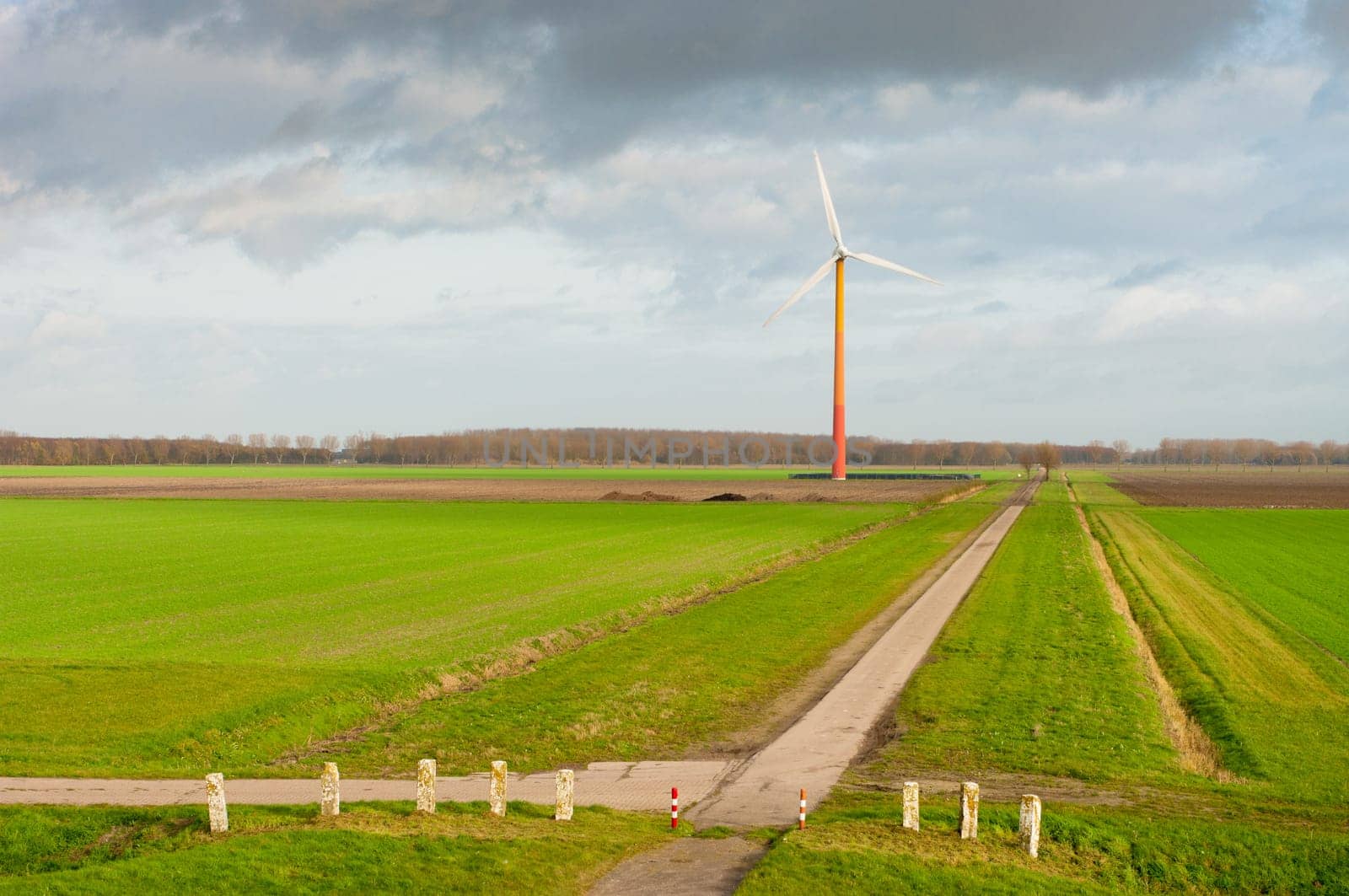 colorful windmill at the end of a small road in Almere, netherlands