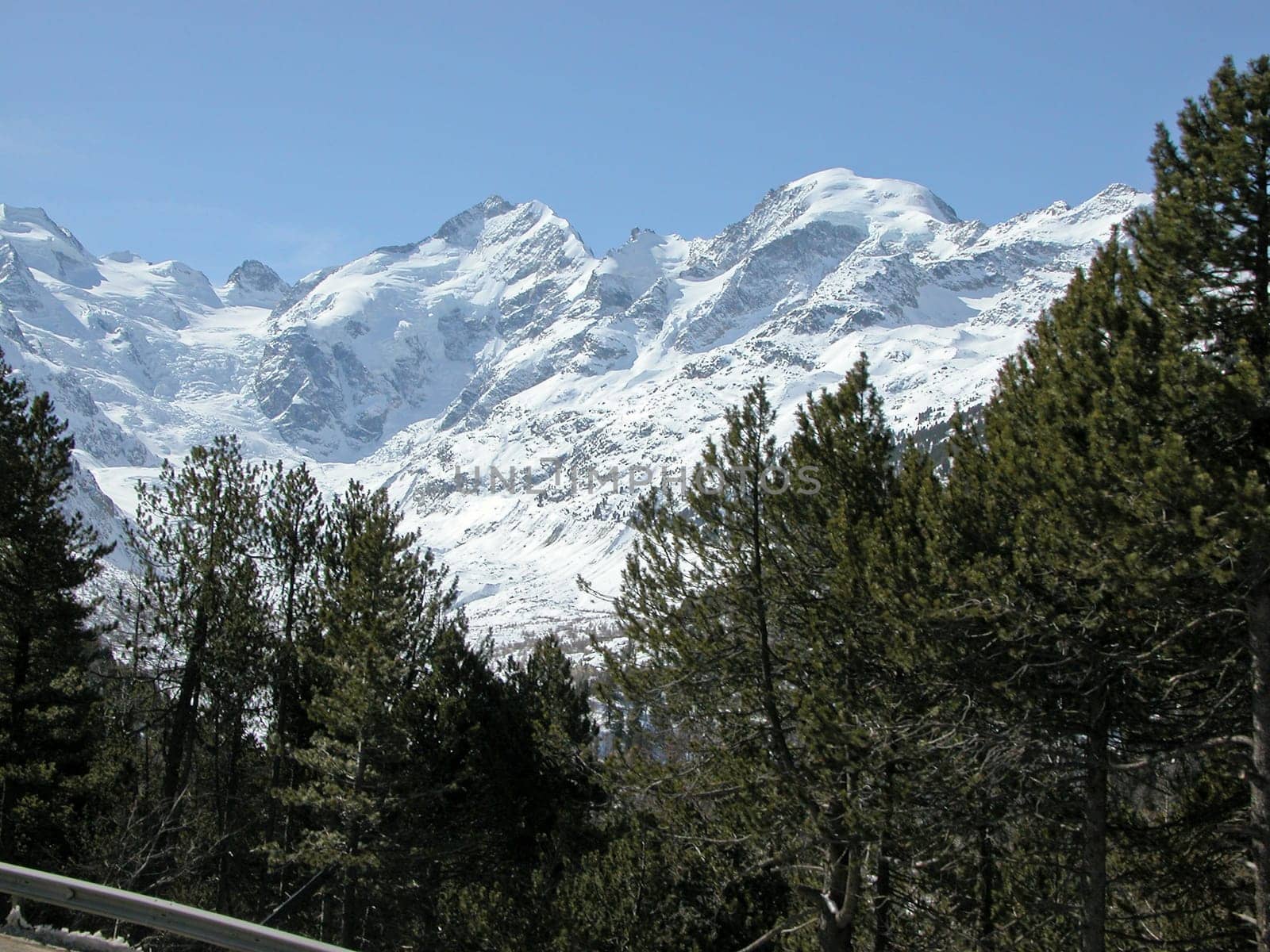 Piz Bernina range of mountains in Swiss Rethic Alps in Canton Graubuenden near St Moritz