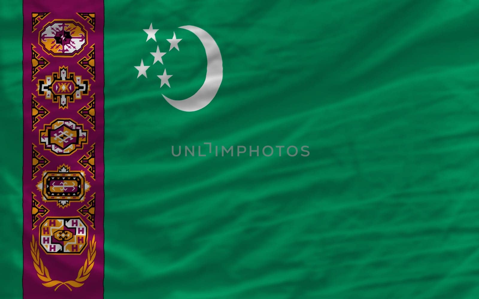 complete national flag of turkmenistan covers whole frame, waved, crunched and very natural looking. It is perfect for background