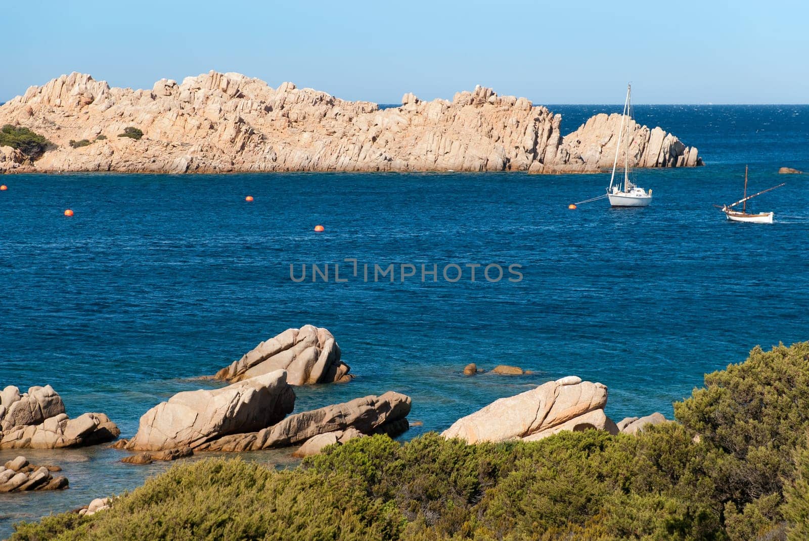 sea landscape with pink granite island La Maddalena in Sardinia