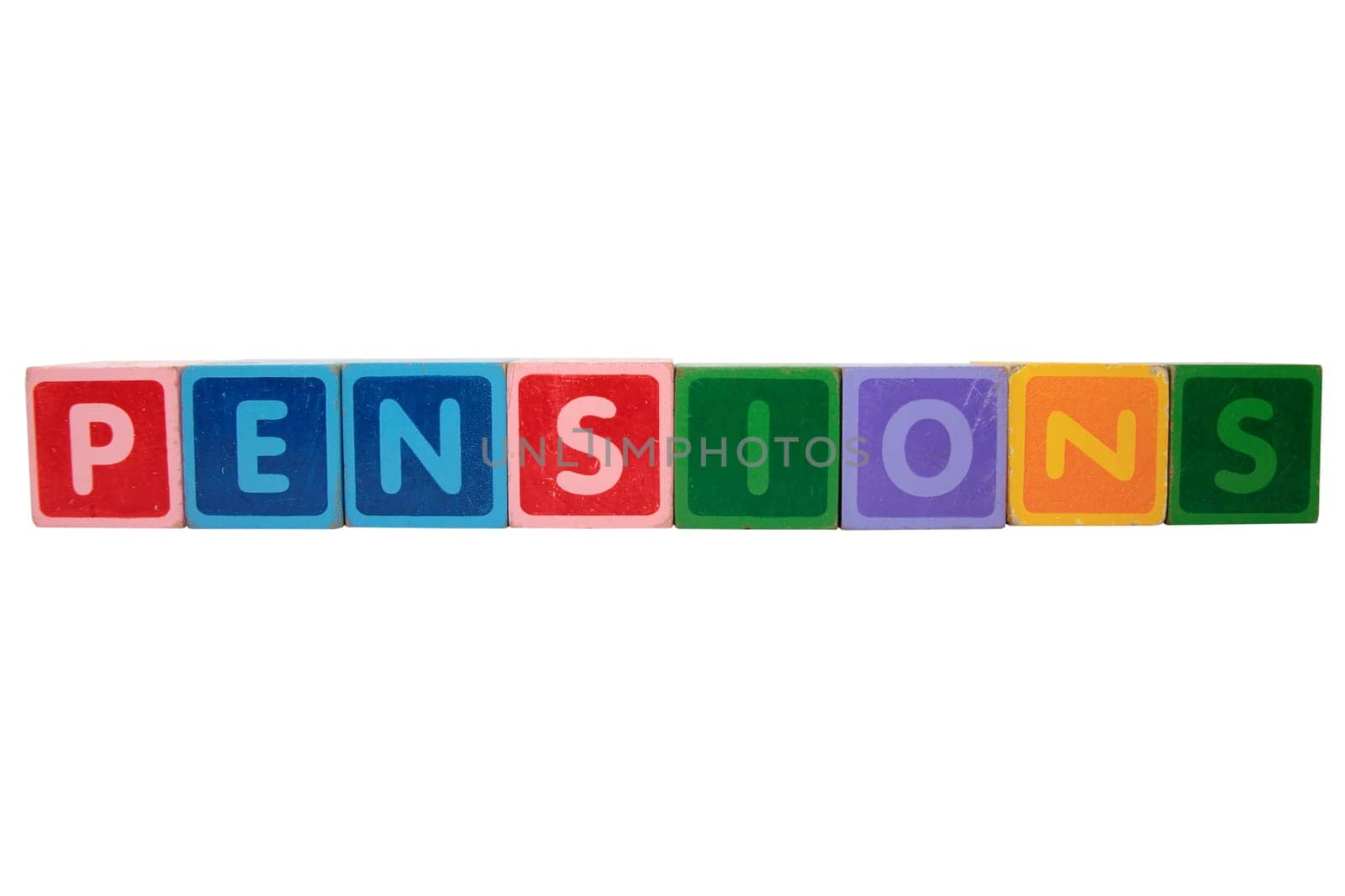 toy letters that spell pensions against a white background with clipping path