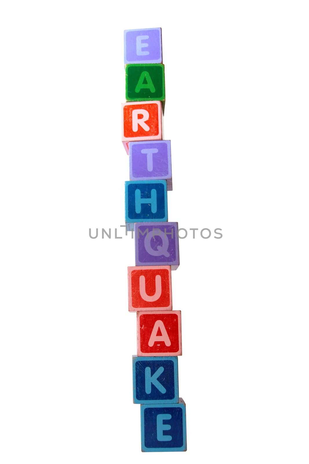 toy letters that spell earthquake against a white background with clipping path