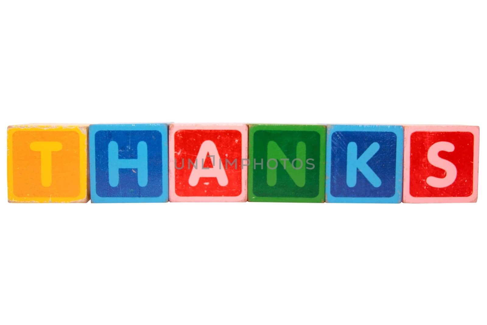 toy letters that spell thanks against a white background with clipping path