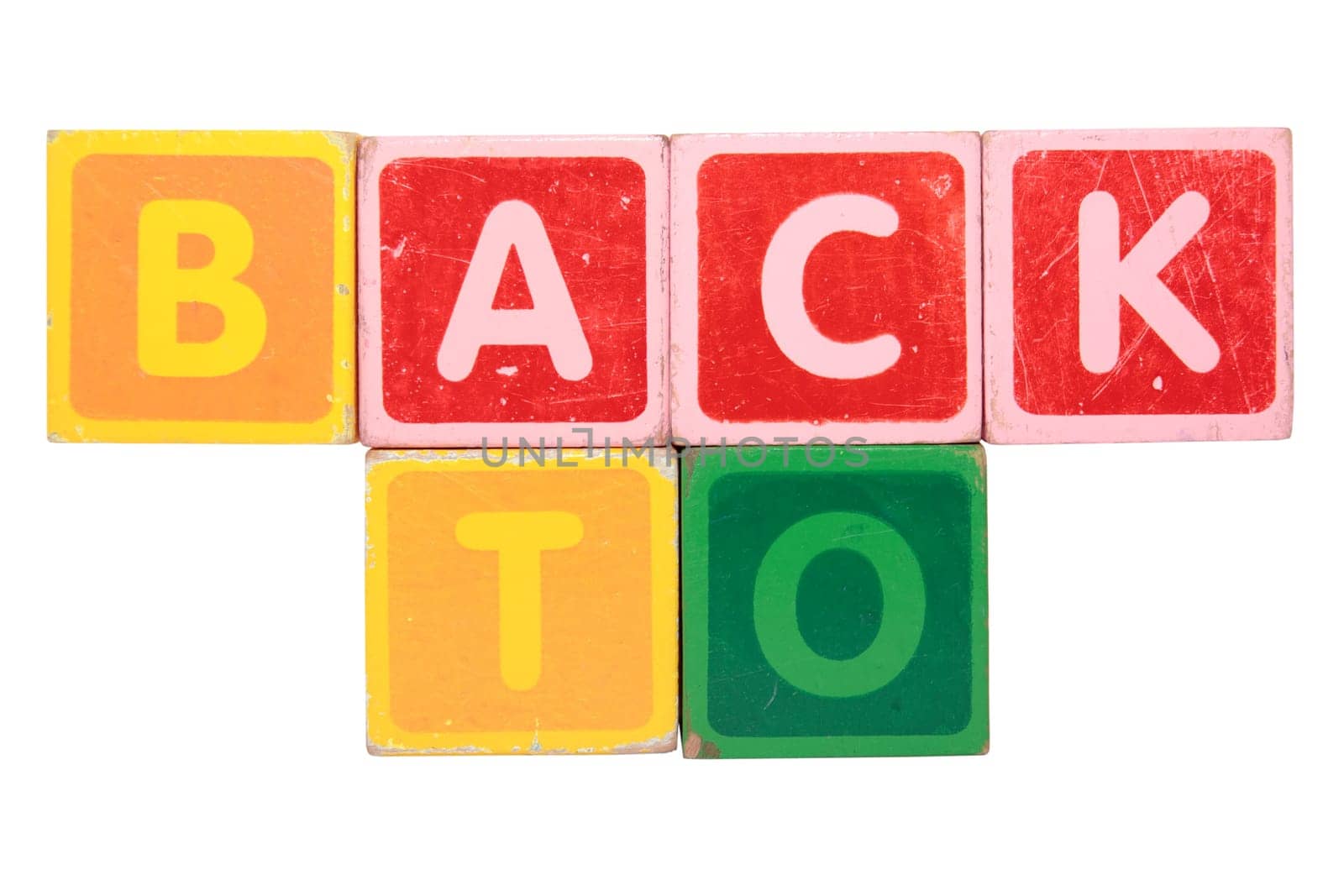 toy letters that spell back to against a white background with clipping path