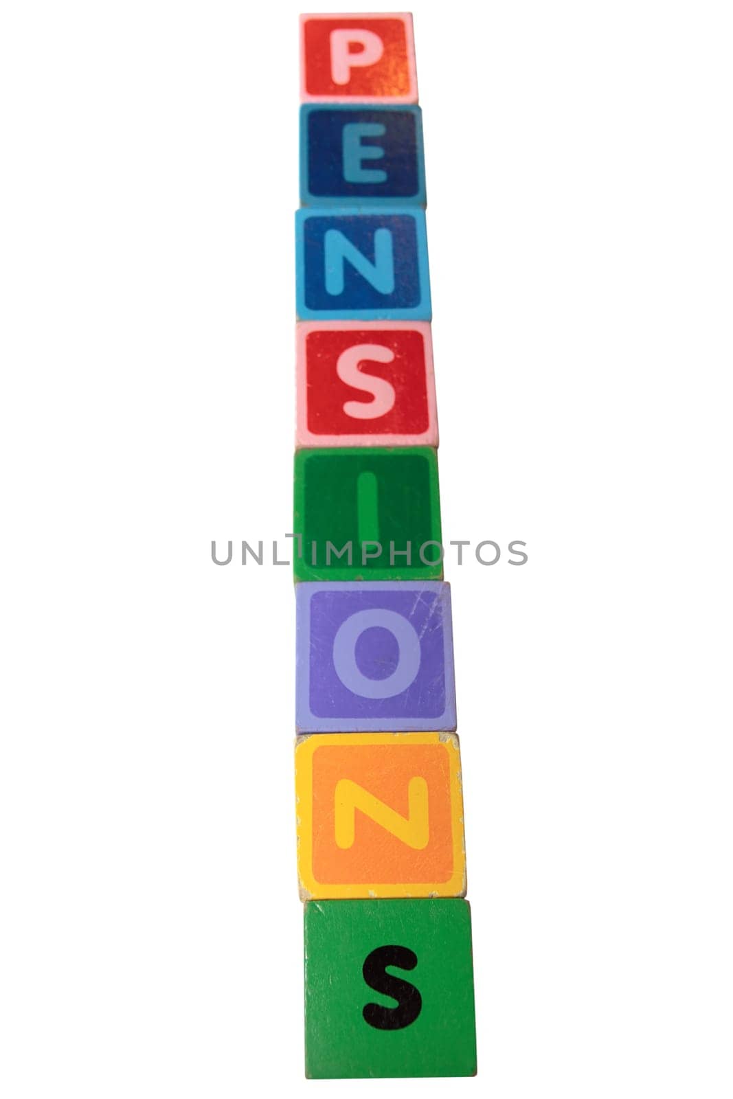 toy letters that spell pensions against a white background with clipping path