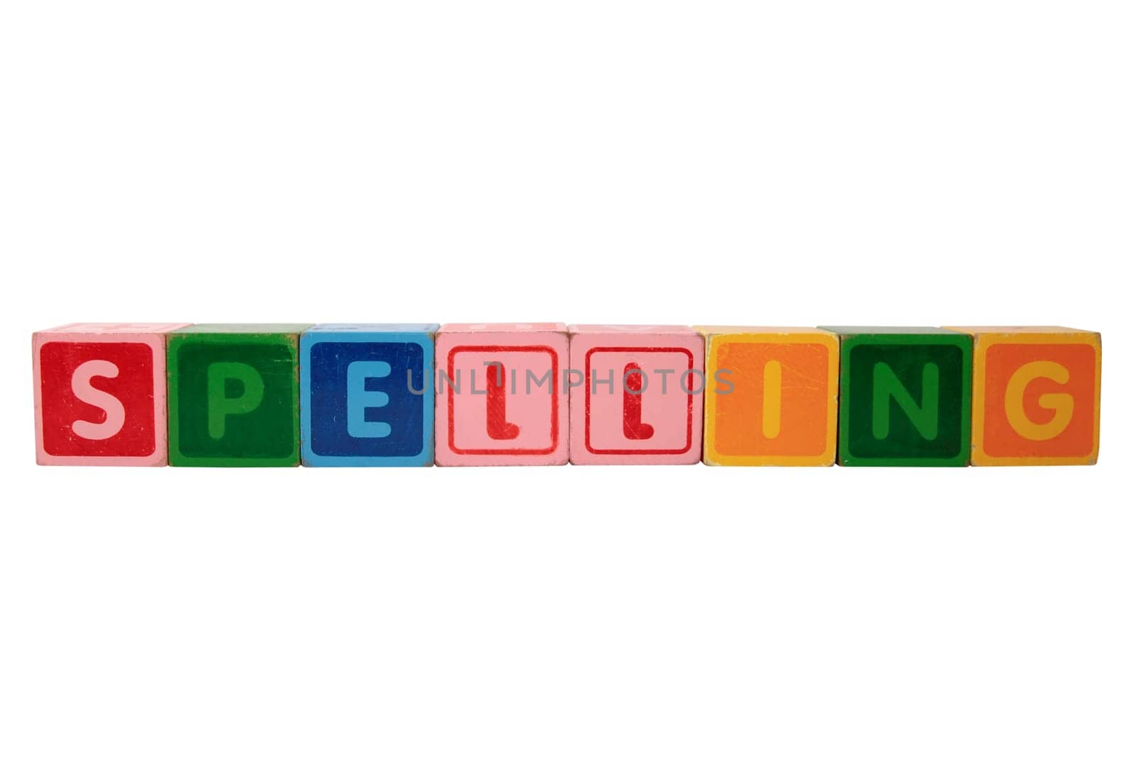toy letters that spell spelling against a white background with clipping path