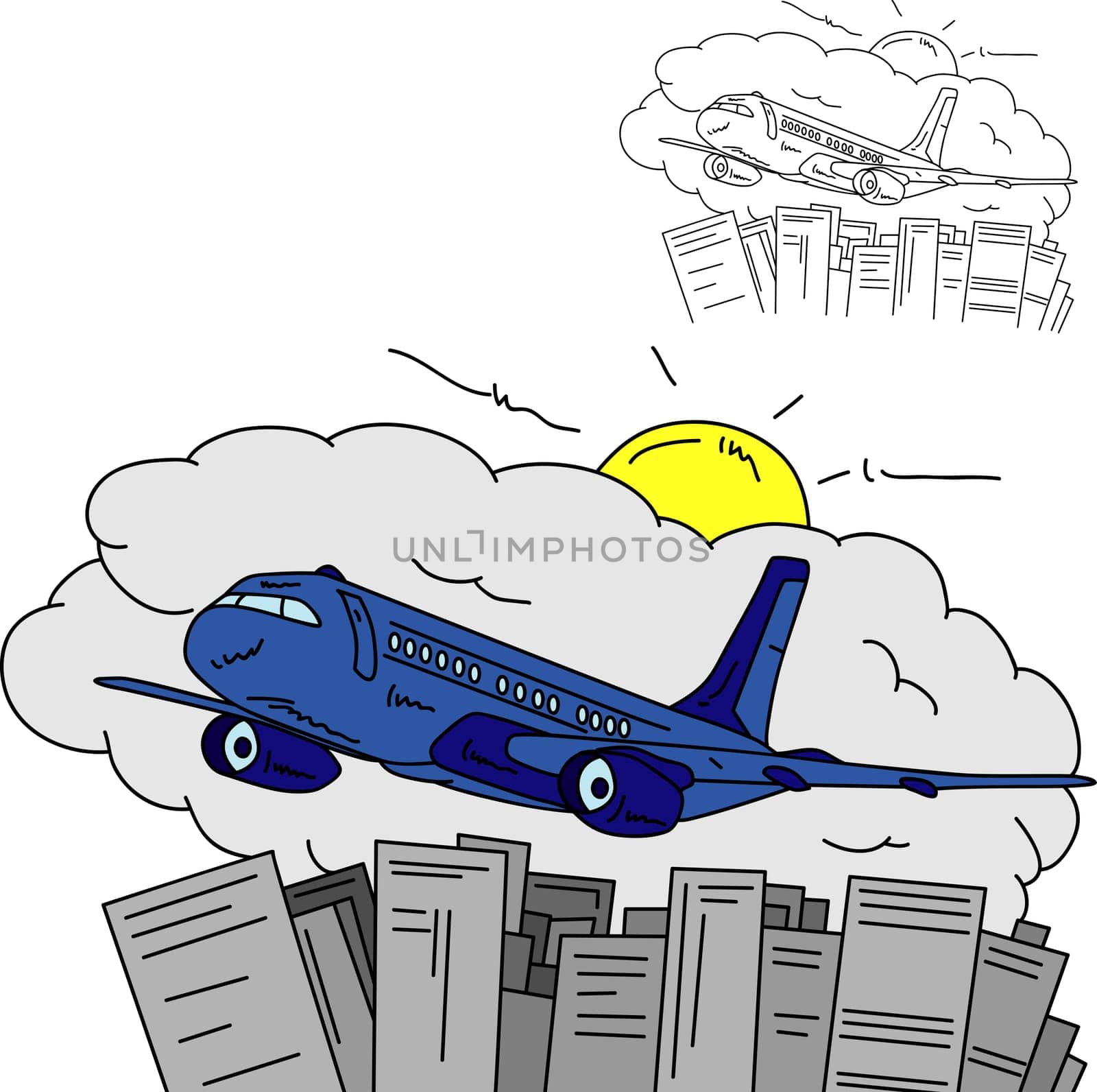 vector - Airplane over town , isolated on background