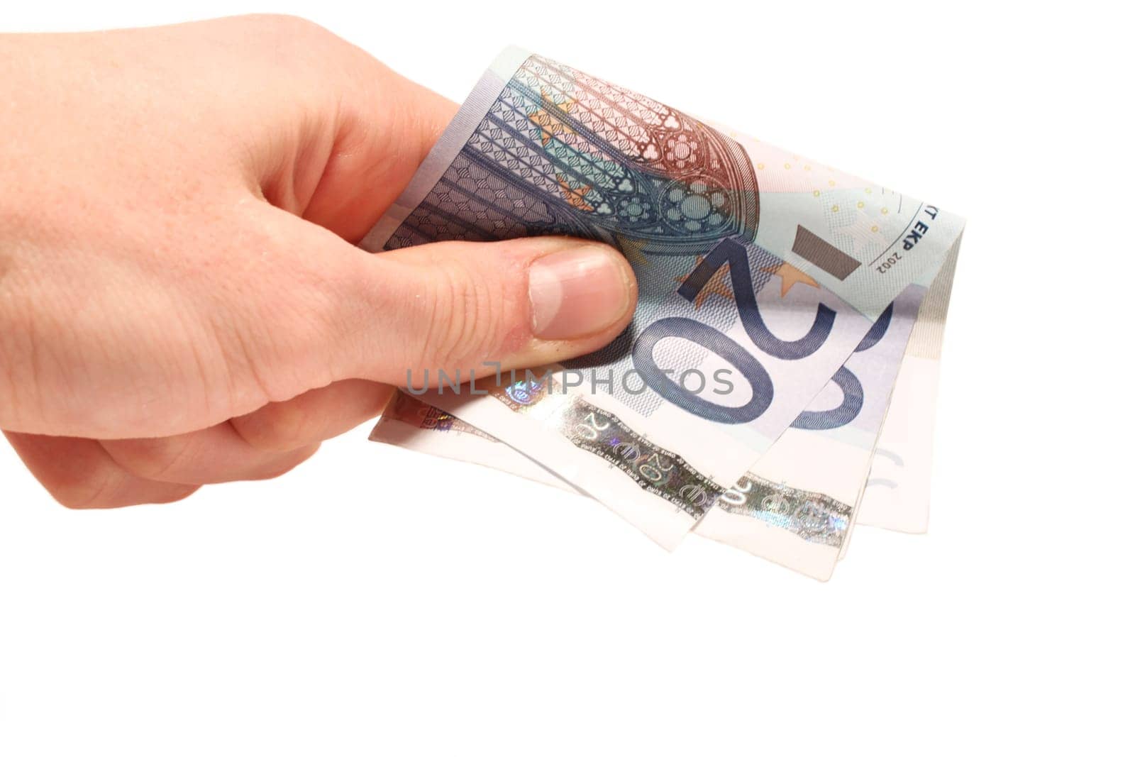 Hand and money on a white background