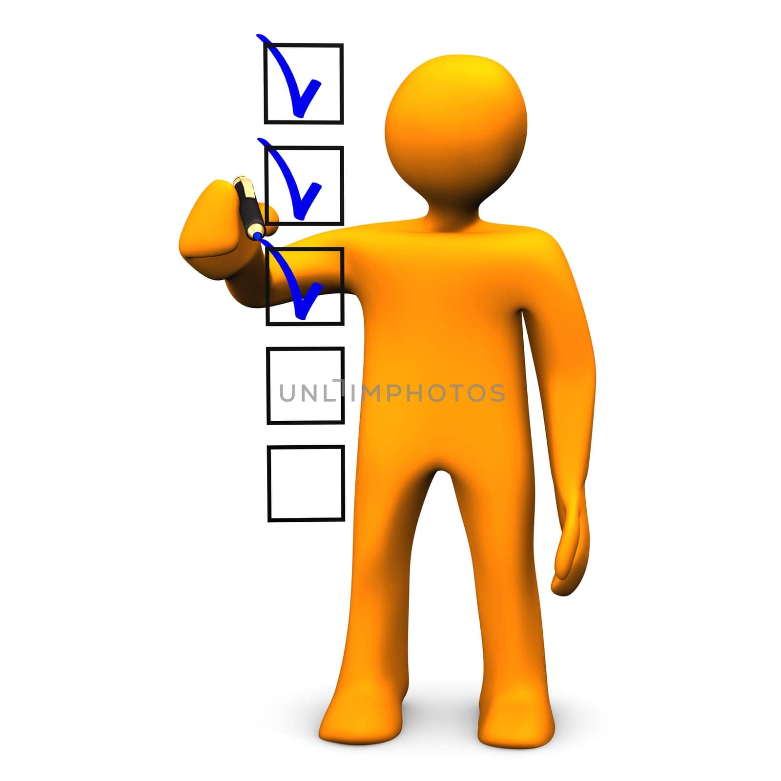 Orange cartoon character makes a checklist,on white background.