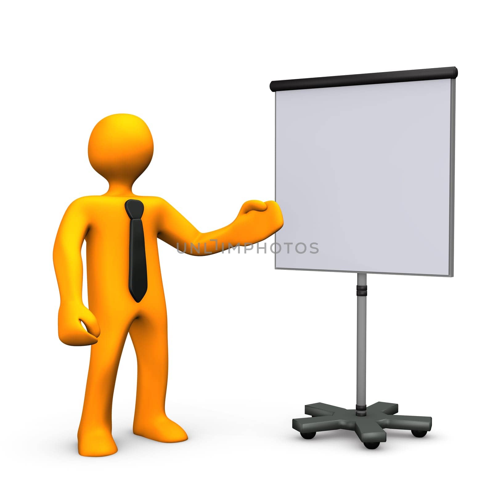 Orange cartoon character with black tie and chart on white background.