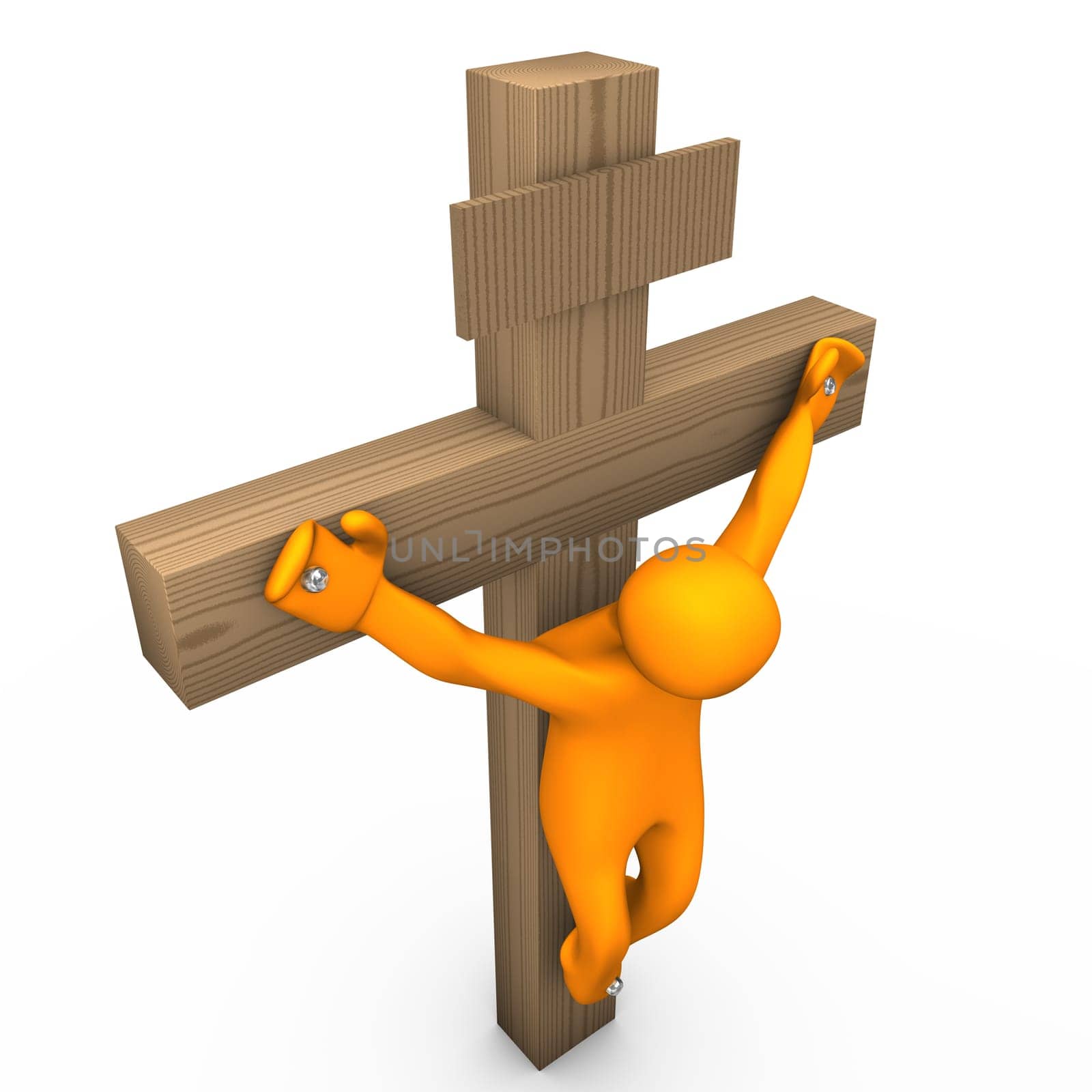 Orange cartoon crucified on the white background.
