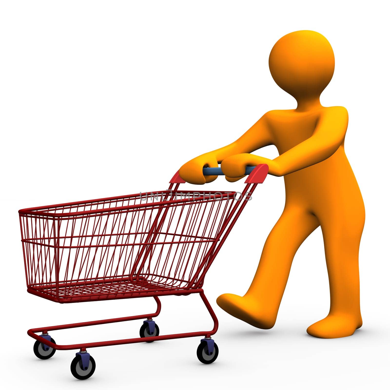 Orange cartoon character goes shopping.