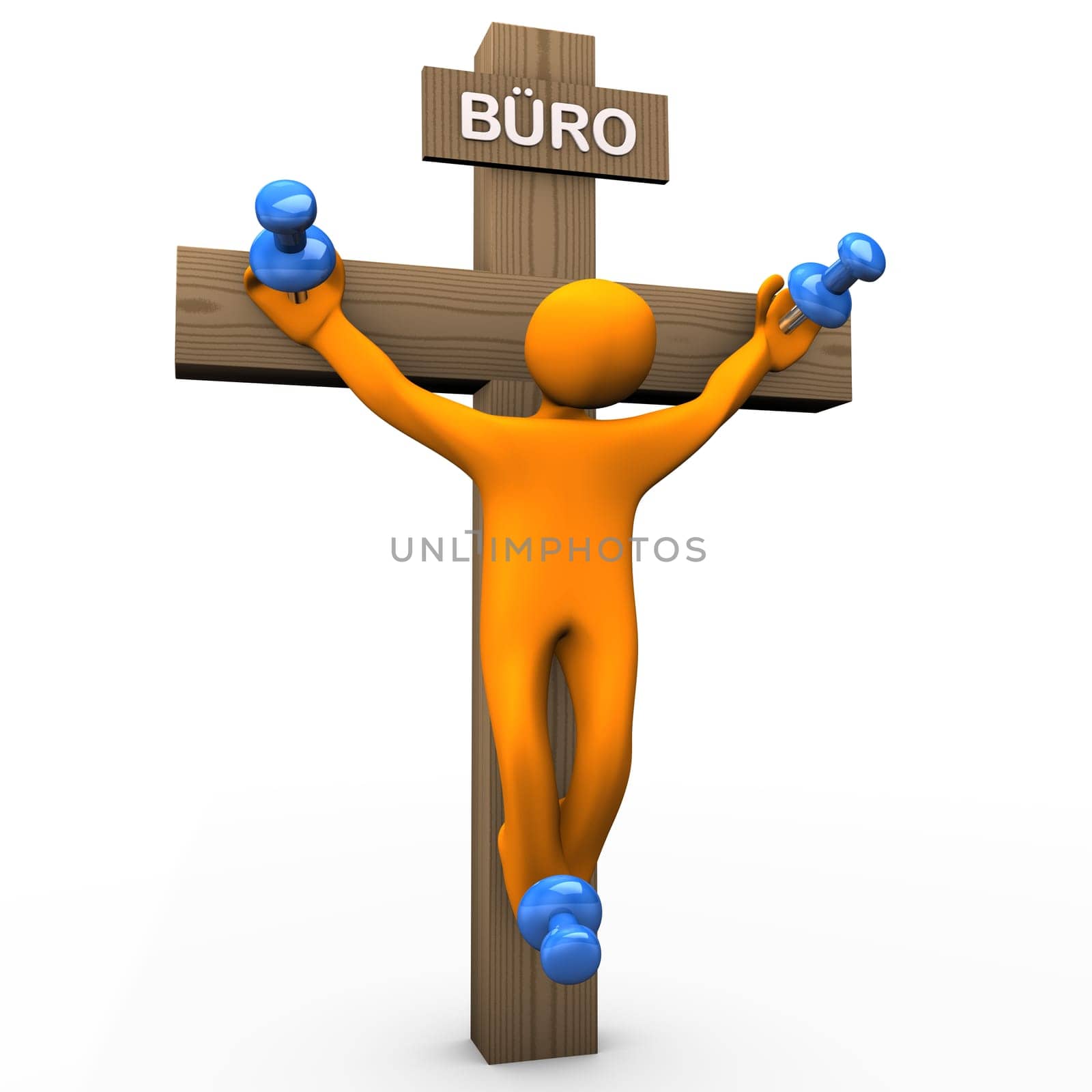 Orange male crucified with the tacks. Abstract illustration of the hard everyday office life.