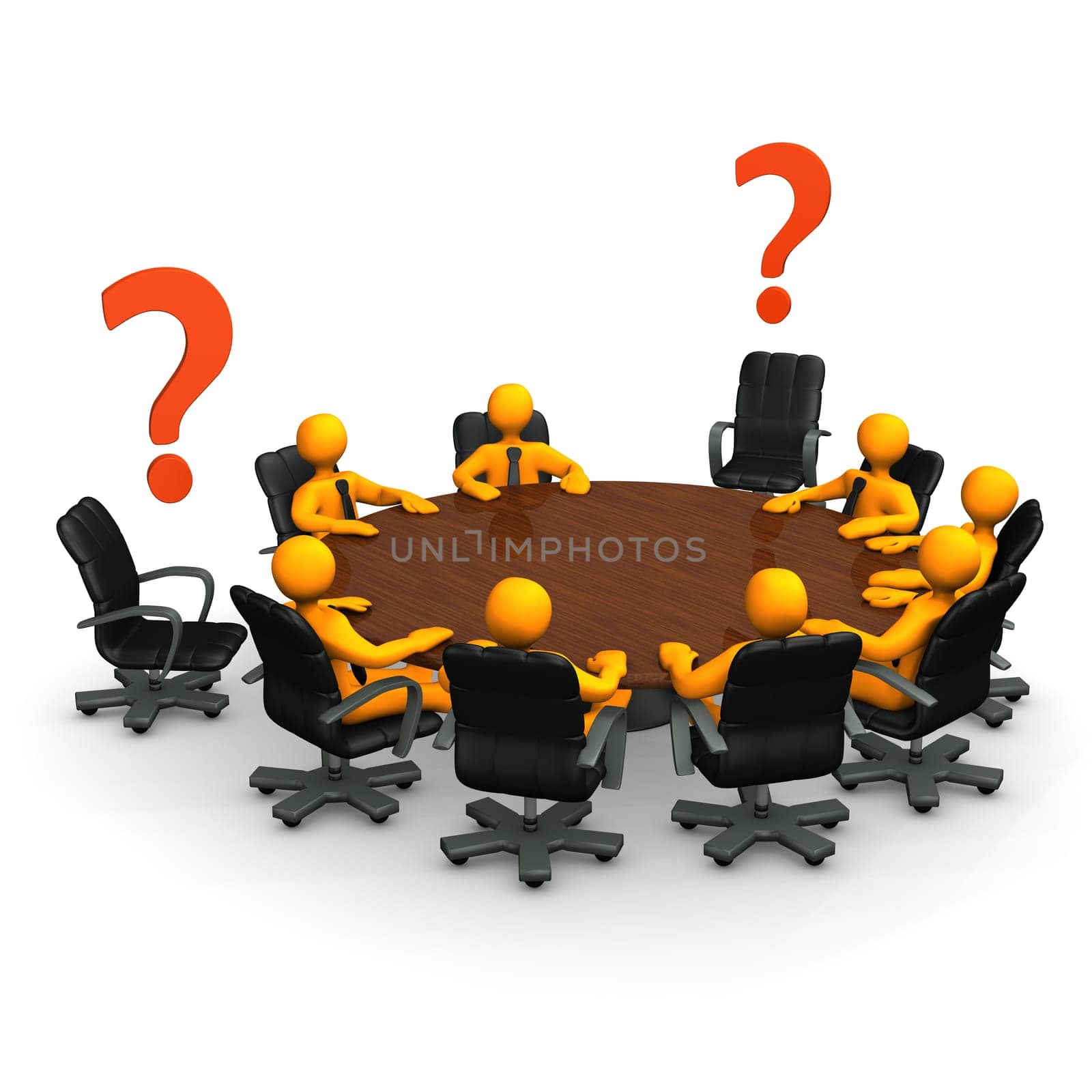 Orange cartoon characters on round table with red question marks.