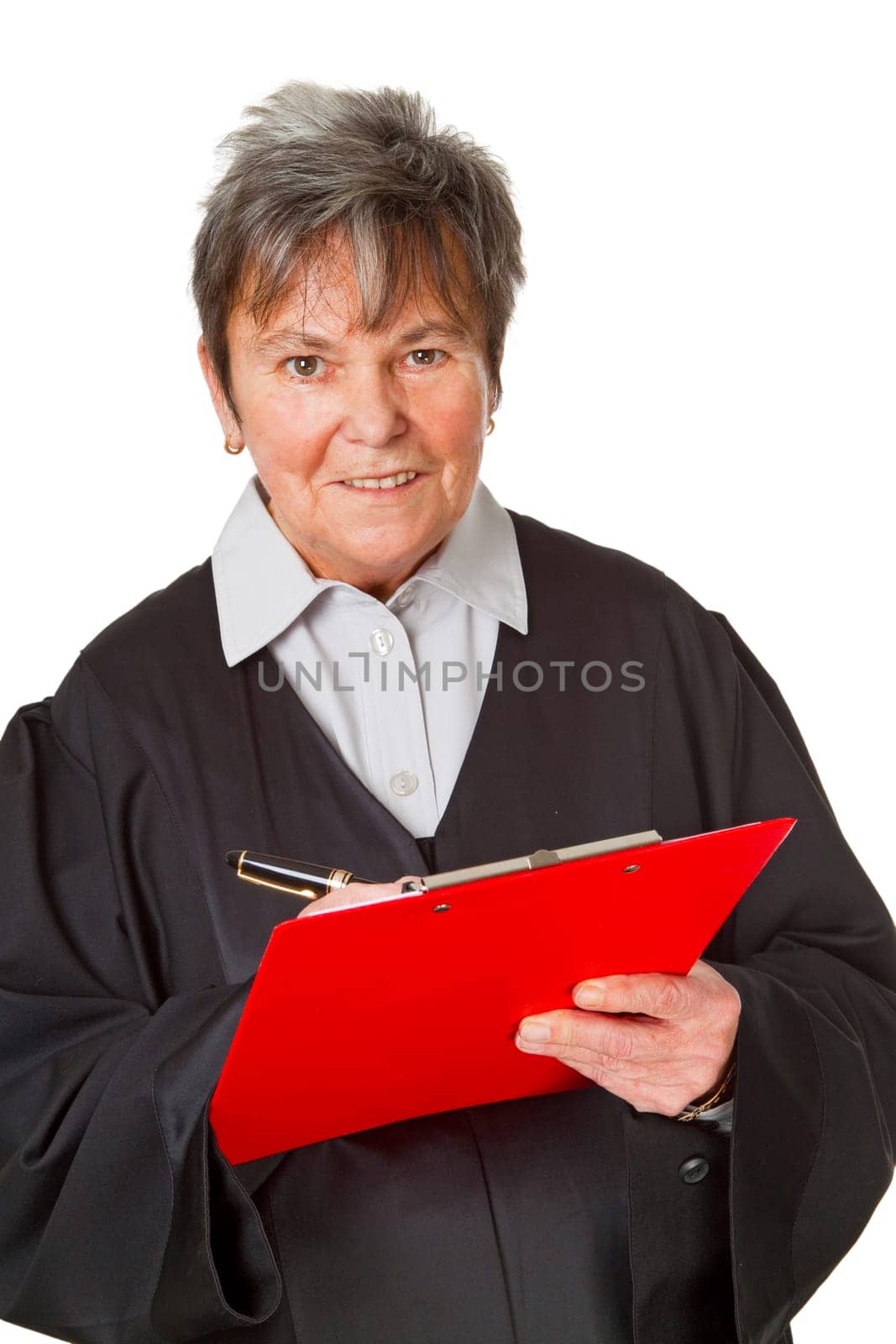 Female lawyer with paper holder isolated on white background