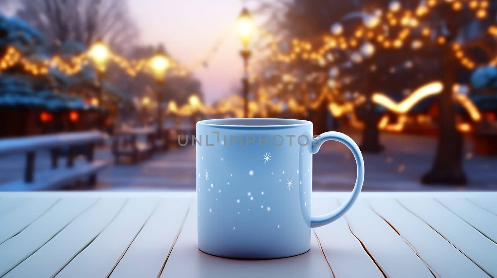 Christmas Mug with hot drink on blurred background with bokeh effect. AI Generated.