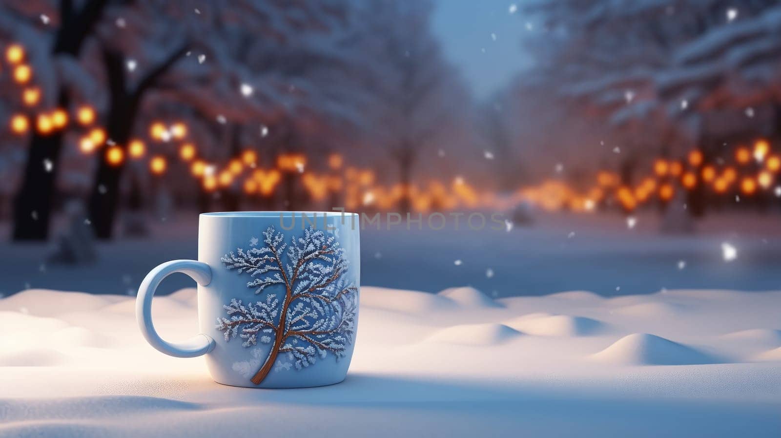 Christmas Mug with hot drink on blurred background with bokeh effect. AI Generated.