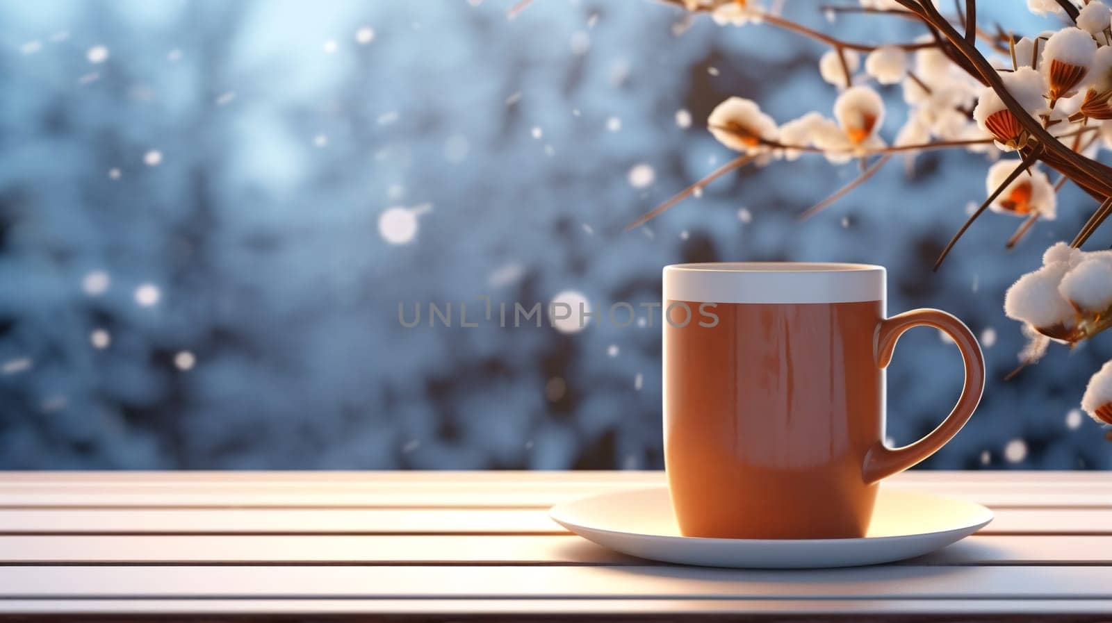 Christmas Mug with hot drink on blurred background with bokeh effect. by AndreyKENO