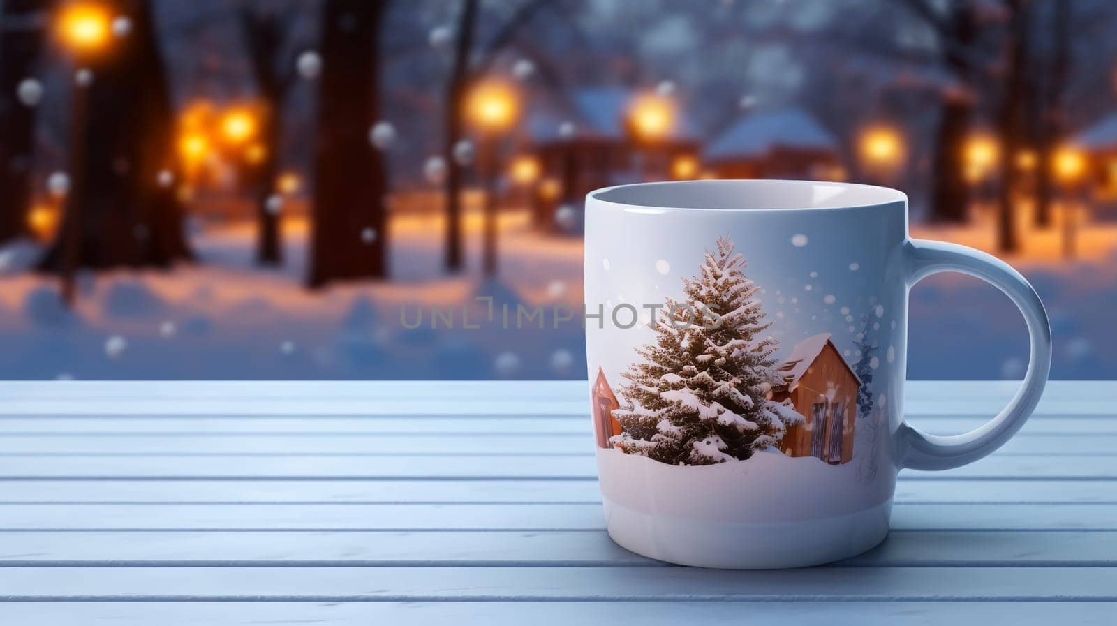 Christmas Mug with hot drink on blurred background with bokeh effect. AI Generated.