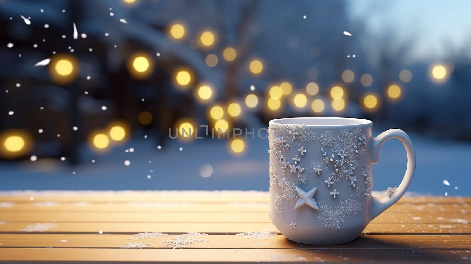 Christmas Mug with hot drink on blurred background with bokeh effect. AI Generated.