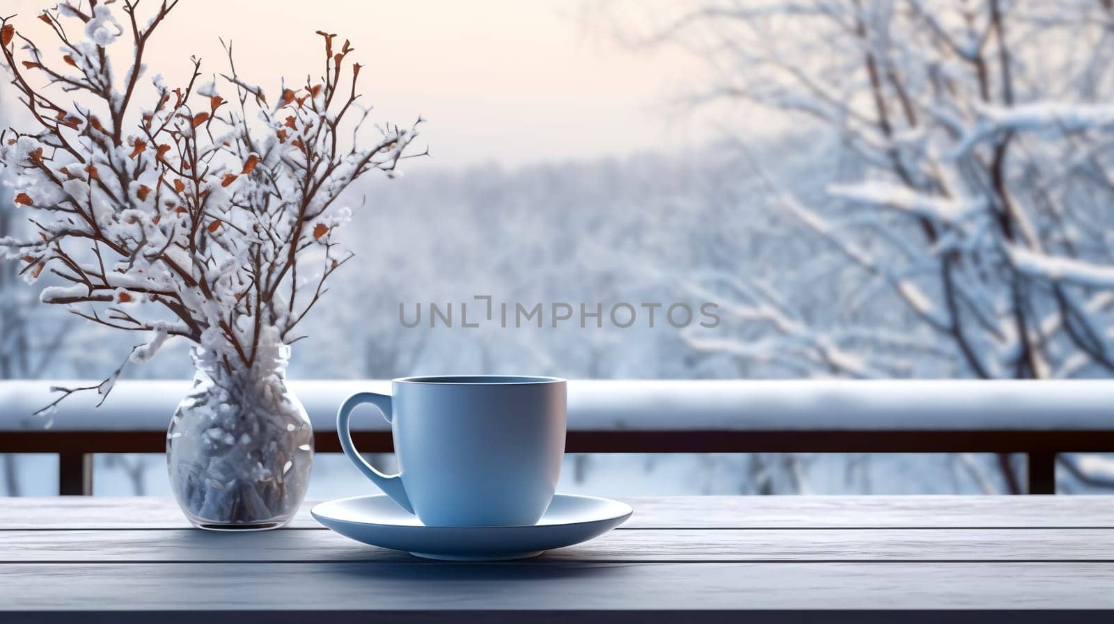 Christmas Mug with hot drink on blurred background with bokeh effect. AI Generated.