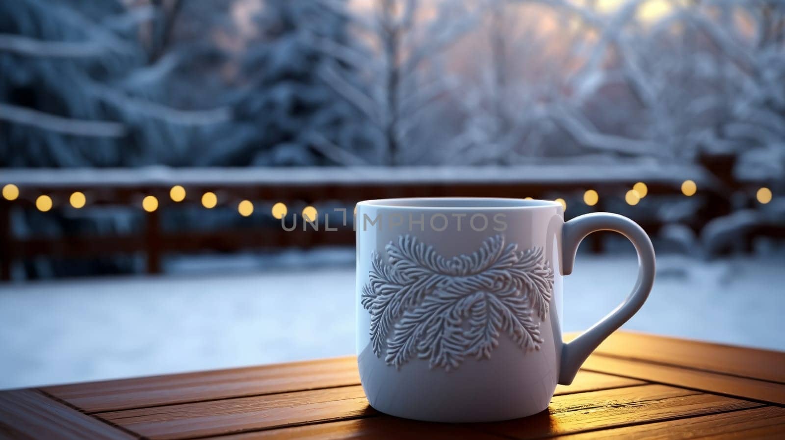 Christmas Mug with hot drink on blurred background with bokeh effect. AI Generated.