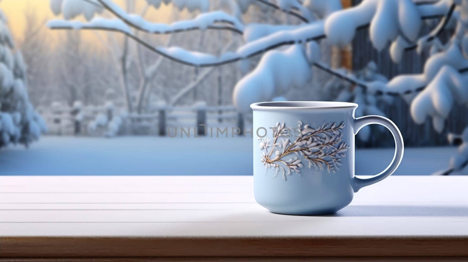 Christmas Mug with hot drink on blurred background with bokeh effect. by AndreyKENO