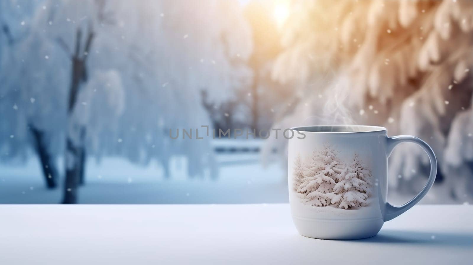 Christmas Mug with hot drink on blurred background with bokeh effect. by AndreyKENO