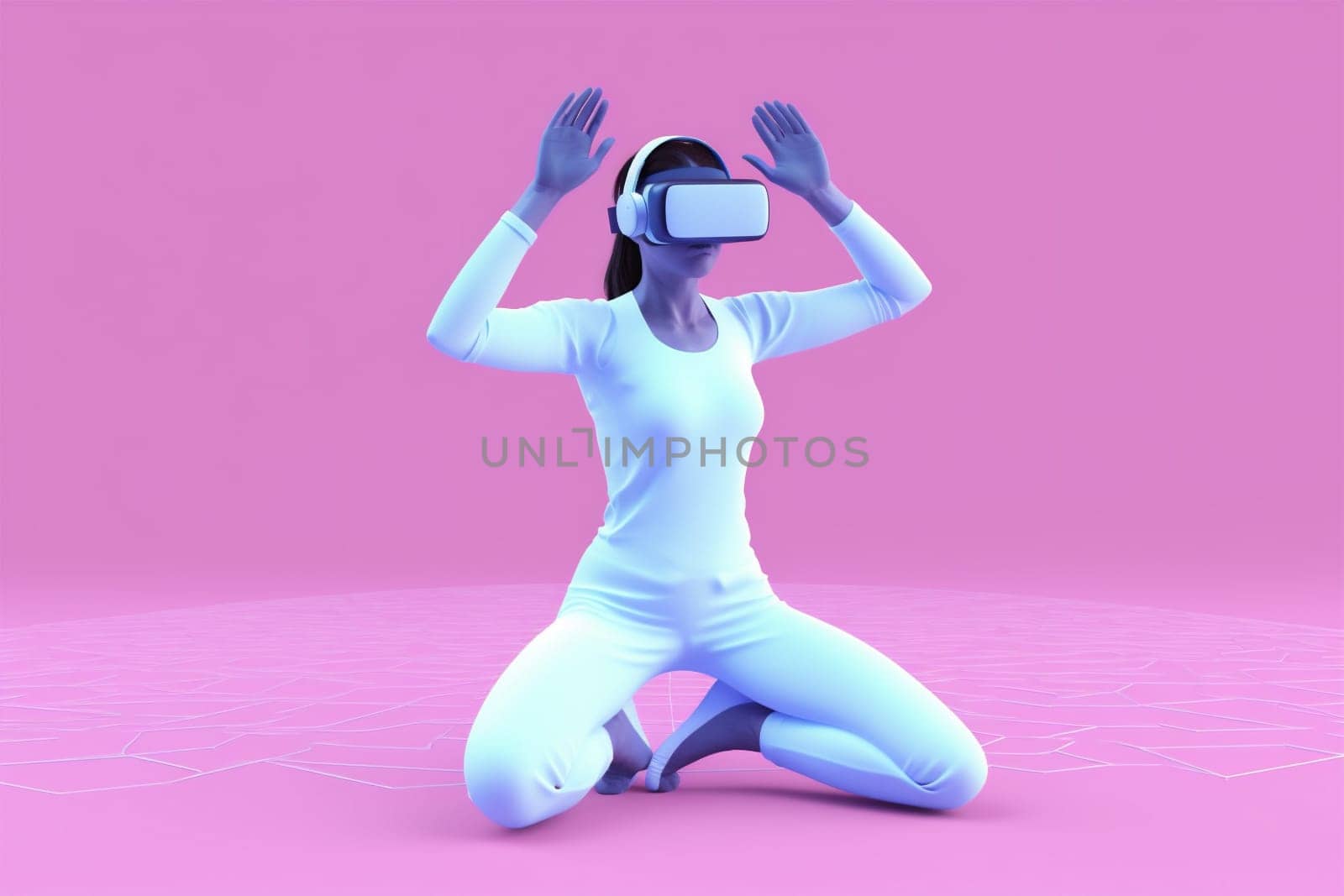 art woman futuristic reality virtual gadget lifestyle vr cyborg entertainment background connect innovation character neon yoga game digital glasses sport goggle. Generative AI.