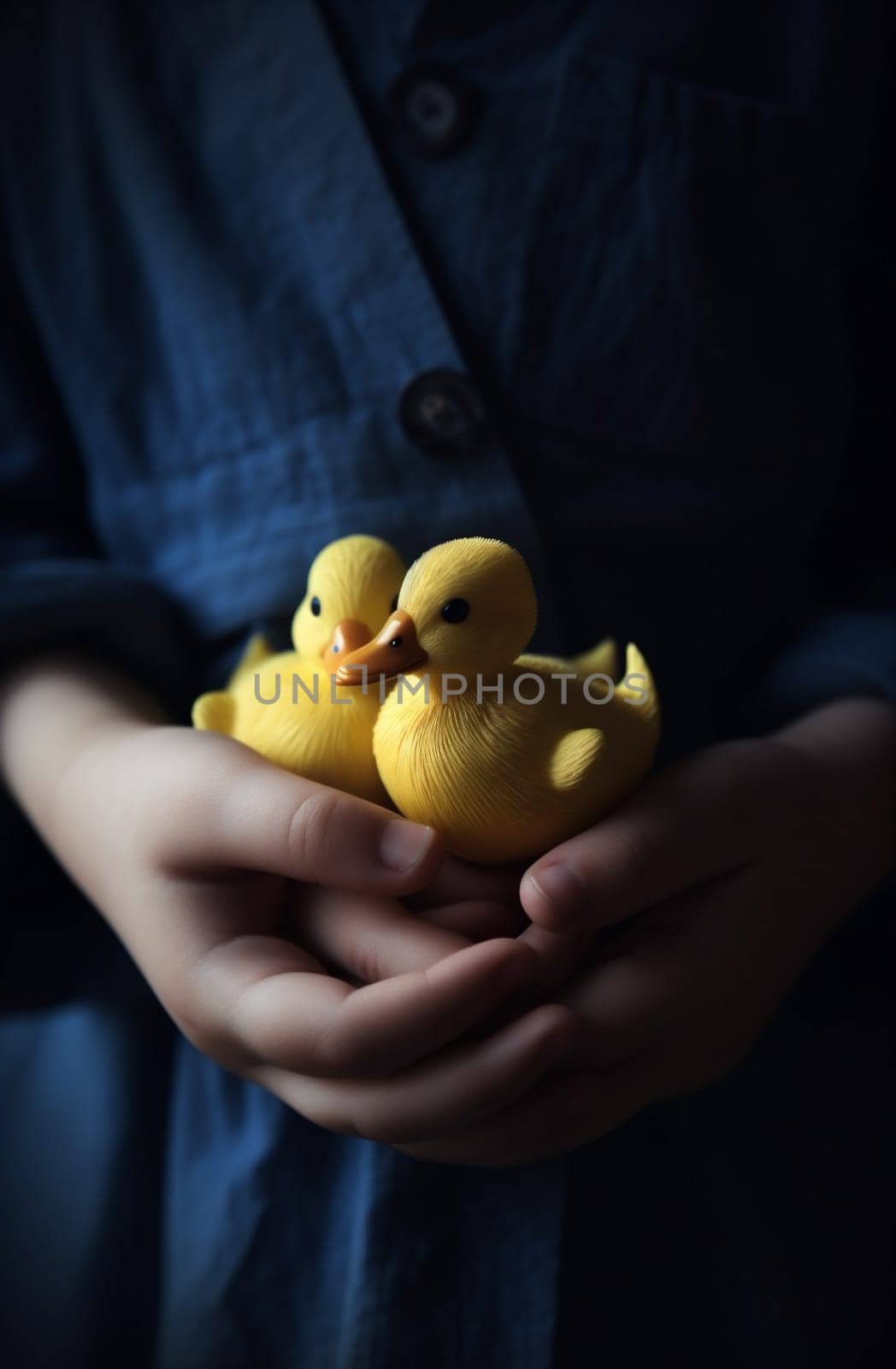 duck child little chicken yellow green close-up farm animal pet happiness hand spring girl portrait bird holding soft young duckling. Generative AI.