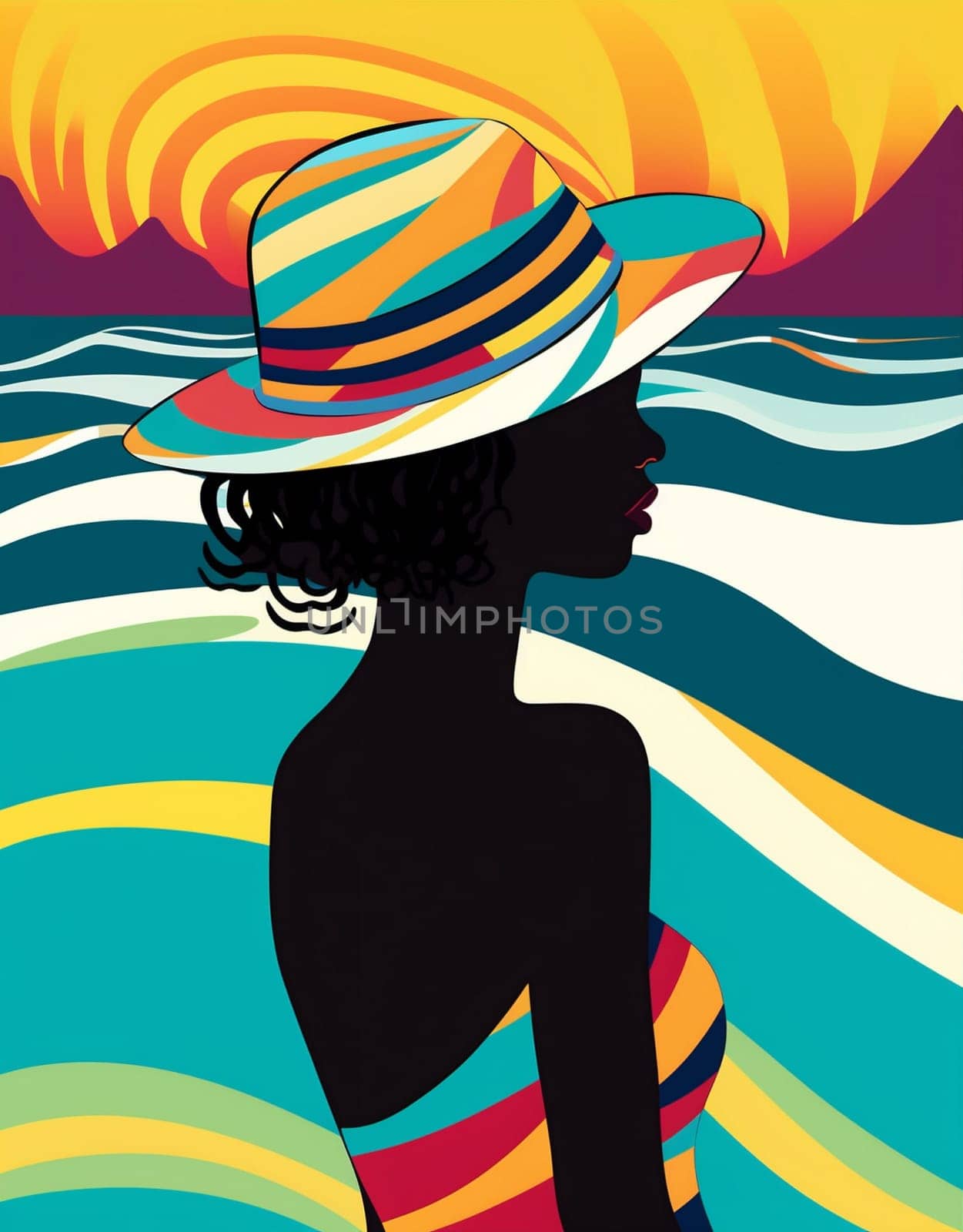 woman young beach beige hat summer concept black female tanned vacation. Generative AI. by Vichizh