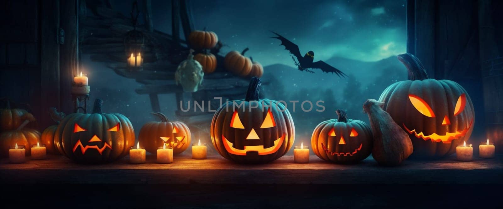 holiday horror night pumpkin background mystery fear table blue evil halloween. Generative AI. by Vichizh