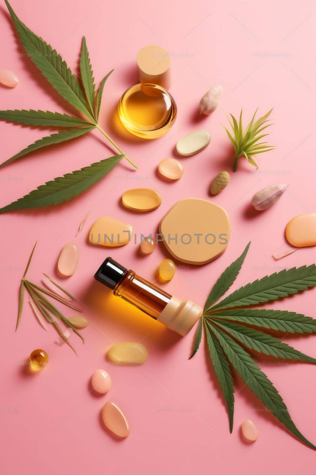 herbal oil natural cannabis herb plant capsule leaf medicine pill. Generative AI. by Vichizh
