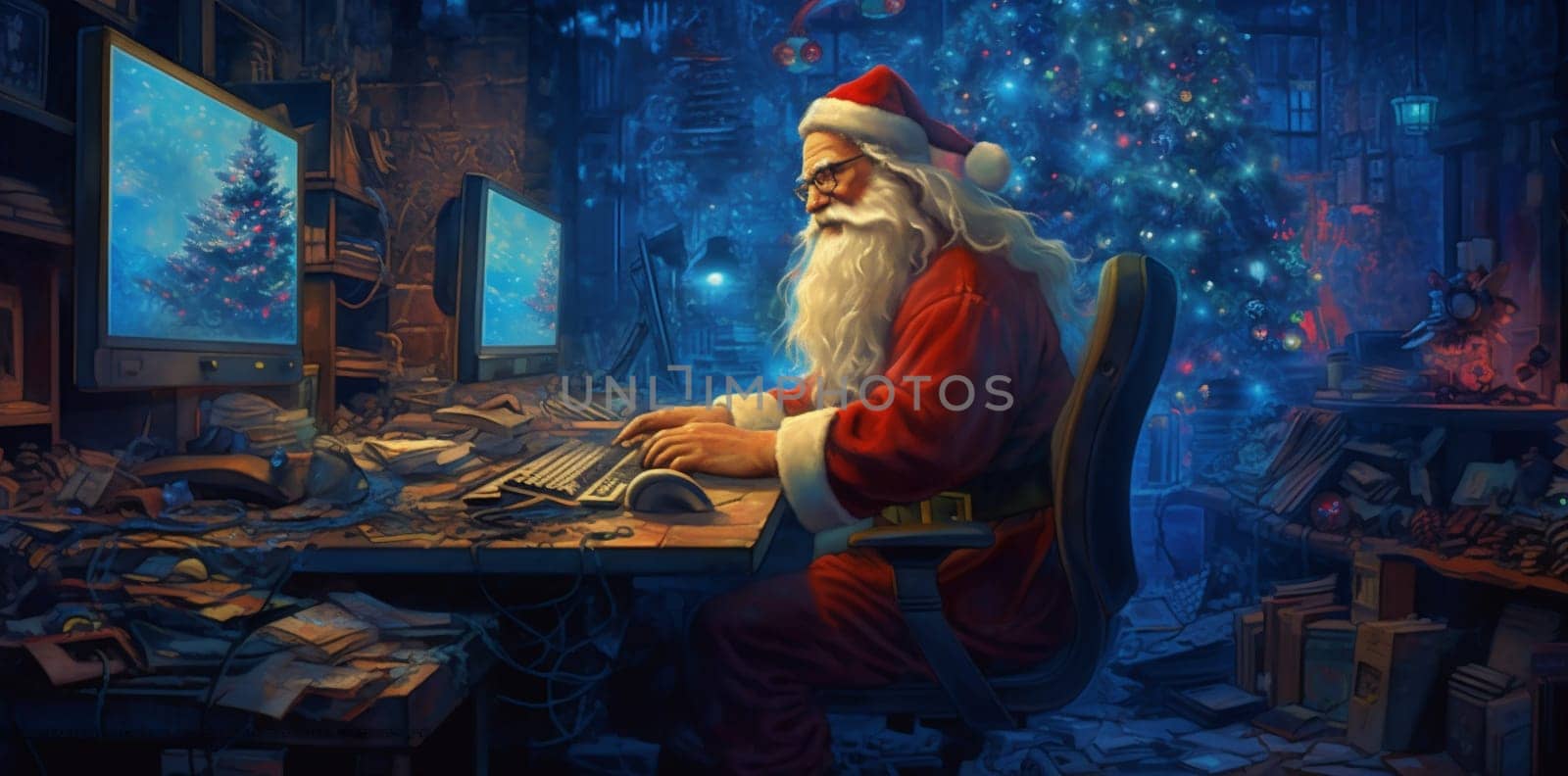 communication happy home family holiday house laptop character christmas santa. Generative AI. by Vichizh